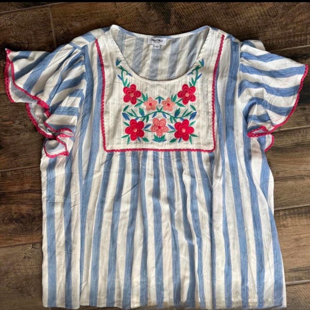 Striped Embroidered Flutter-Sleeve Blouse - Blue & Pink